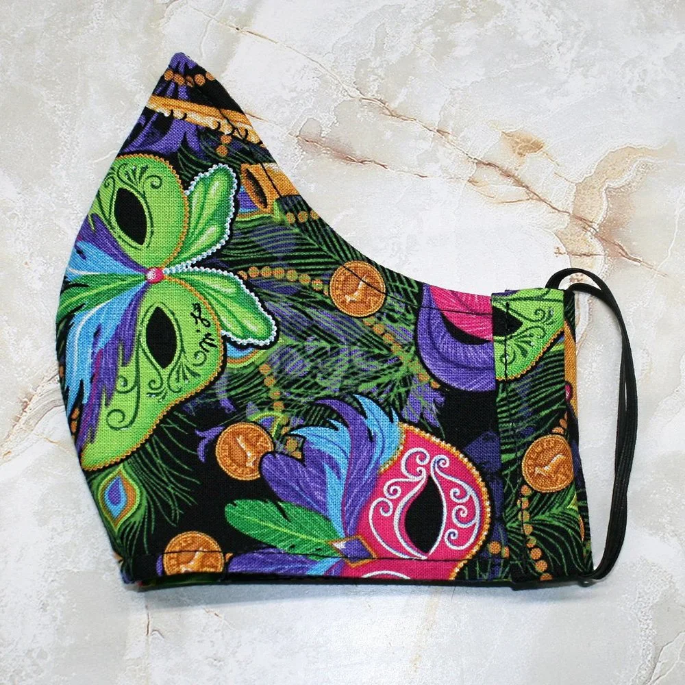 HAND CRAFTED Face Mask Mardi Gras Adult Cloth Fabric Print - Shield Style